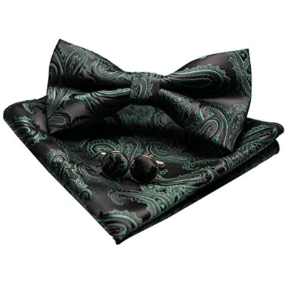 Imagen de JEMYGINS Conjunto de Pajarita y Pañuelo Paisley con Gemelos para Hombre Verde oscuro