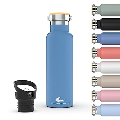 Imagen de Daikoku Botella, Botella Termica Acero Inoxidable Doble Pared, Termo Mantiene Bebida Fria o Caliente Horas, Dos tapones, Color Azul, 750 ML