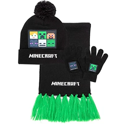 Imagen de Minecraft Kids Bobble Hat Gloves Scarf Set Heched Black Beanie Un tamaño