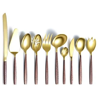 Imagen de Berglander Juego de cubiertos para servir 10 piezas con mango superficie lunar y cabeza oro brillante chapado en titanio cuberteria cucharas acero inoxidableutensilios