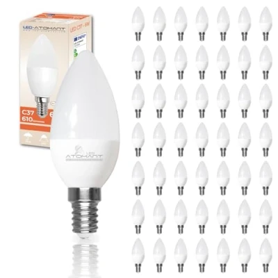 Imagen de LED ATOMANT Pack 50x Bombilla E14 Vela C37 6W, Color Blanco Calido, 610 Lumenes, Casquillo fino, Equivalente a 50W tradicional
