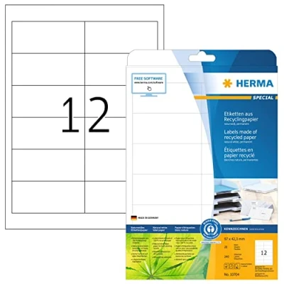 Imagen de HERMA 10704 Etiquetas recicladas, 20 hojas, 97 x 42,3 mm, 12 hojas por A4, 240 unidades, autoadhesivas, imprimibles, mate, en blanco, papel reciclado, blanco natural