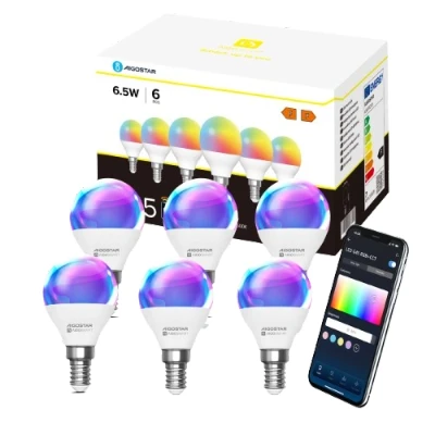 Imagen de Aigostar Bombilla Inteligente, Wifi G45 E14 6.5W, Led Inteligente RGBCW Compatible con Alexa/Google Home, No se Requiere Concentrador. Control Remoto,Control De Voz, 6 Unidads.