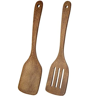 Imagen de Espátula de madera, paquete 2 espátulas ranuradas madera maciza para cocinar, resistentes al calor hornear utensilios cocina antiadherentes