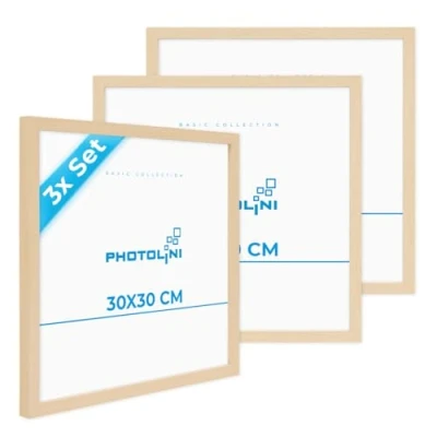 Imagen de PHOTOLINI marcos 30x30 cm madera MDF natural, set de 3 para pósteres, cristal acrílico, colgar, incluye accesorios fotos, láminas y pósteres