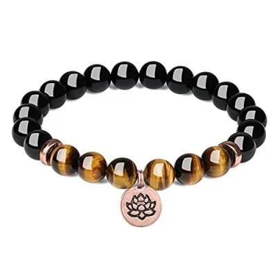 Imagen de COAI Pulsera Unisex con Cuentas de Turmalina Negra Piedra Natural y Ojo Tigre Gema Preciosa Amuleto Flor Loto