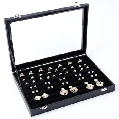 Imagen de Anillo de terciopelo negro para joyas, sistema almacenamiento caja joyería con tapa cristal transparente anillos, pendientes y gemelos