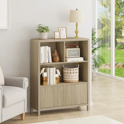 Imagen de [en.casa] Aparador Alto Lukkodso con Compartimentos Mueble Auxiliar 2 Puertas Variables Rectangular Armario Multiusos 103 x 80 28 cm Efecto Roble