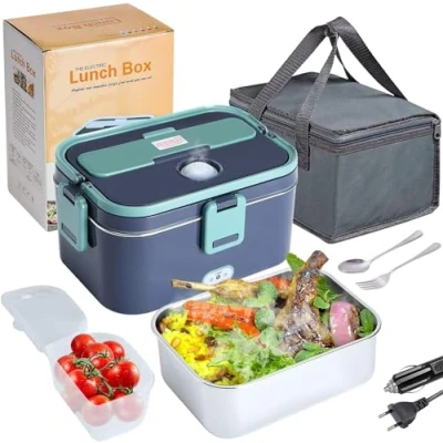 Imagen de HapopFan Fiambrera eléctrica, 80 W, calefacción más rápida, 1,8 L, para camión grande, calentador de comida, portátil, con bolsa transporte, cuchara tenedor coche, casa o oficina
