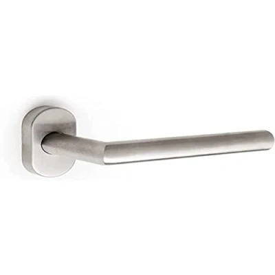 Imagen de EMUCA Manetas con roseta oval forma L recta para puertas de interior, lote 2 juegos manillas puerta paso, Acero inoxidable, Niquel satinado