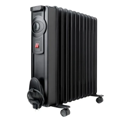 Imagen de Black+Decker Radiador de Aceite BXRA2300E 2300 W con 11 elementos 140mm. Termostato y 2 potencias funcionamiento. Función contra sobrecalentamiento, guardacables ruedas. Negro