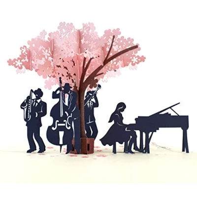 Imagen de MOKIO® Tarjeta Pop Up Concierto de Jazz bajo un árbol floreciente felicitación 3D para cumpleaños, boda, aniversario o jubilación, regalo emergente con sobre