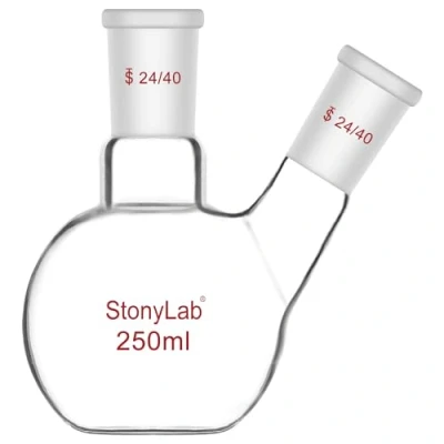Imagen de stoneylab Matraz de Fondo Plano FBF, 2 Cuello Laboratorio Muro Pesado Ebullición Vidrio Borosilicato con Junta Estándar 24/40, 250 ml