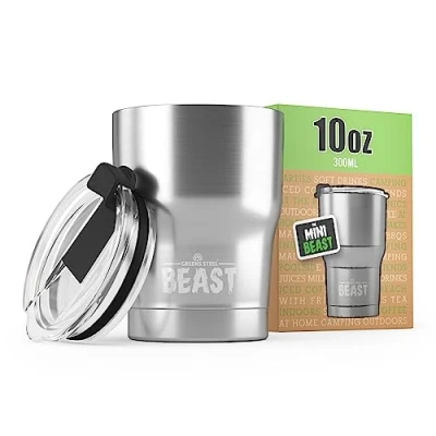 Imagen de Greens Steel BEAST Termo Café para Llevar 300ml I Plateada Taza Térmica de Acero Inoxidable Reusable Viajera Doble Pared al Vacío 2 Pajitas y Cepillo Limpieza