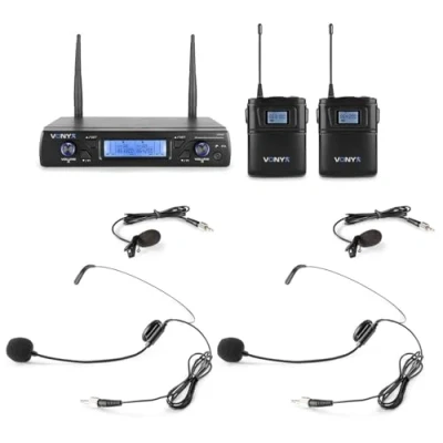 Imagen de Vonyx WM62B Set de Micrófono Inalámbrico Doble Diadema y Solapa, con 2 Microfonos Inalambricos Diadema, Micros Petacas Receptor, Microfono Reuniones, Micro Cantar