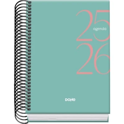 Imagen de Dohe Agenda Escolar 2025 2026 Día Página, Tamaño A6 (12x17 cm), Español e Inglés, Septiembre a Junio, Cierre de Espiral, Tapa Dura SYSTEM Verde