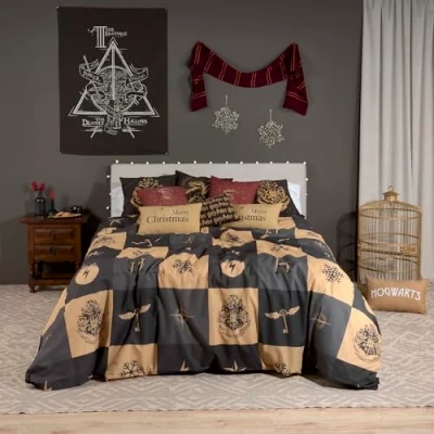 Imagen de BELUM Funda nórdica Harry Potter, con Botones 100% algodón Modelo Hogwarts Cuadros Navidad para Cama de 80 (140x200 cm.)