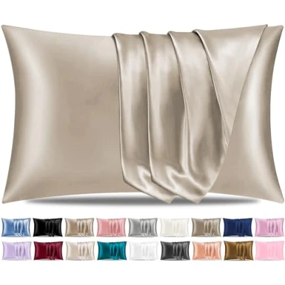 Imagen de Pamposh Juego de 2 fundas almohada seda satinada para cabello y piel, tamaño estándar con cierre sobre (2 50 x 75 cm), color gris pardo