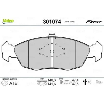 Imagen de VALEO 301074 Juego de pastillas freno FIRST Eje delantero excl. contacto avisador desgaste sin chapa antichirridos CITROËN: Saxo Hatchback