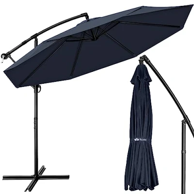 Imagen de tillvex sombrilla de 300 cm diámetro con manivela, soporte, jardín, protección UV, aluminio, paraguas mercado impermeable (Azul marino, 350 cm)