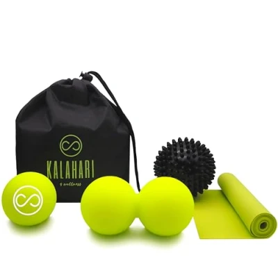 Imagen de KALAHARI Bolas de Masaje KIT, 4 en 1 más Ebook ejercicios Español Bola Doble, con Pinchos, Lacrosse, Banda Elástica y Bolsa Terapia Trigger Point Pelotas Automasaje muscular Miofascial