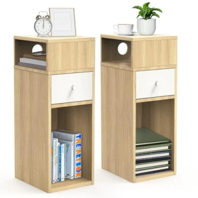Imagen de VOUNOT® Juego de 2 Mesita Noche Estrecha con Compartimentos Abiertos y 1 Cajón 25x30x66cm, Mesilla Pequeña Estilo Moderno, Mesa Auxiliar Alta para Dormitorio Salón Sala Estar, Natural