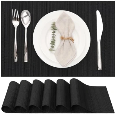 Imagen de Myir JUN Salvamanteles Individuales Juego de 6, Lavables Manteles Plásticos Vinil Esteras, Resistentes al Calor Antideslizante Fácil Limpiar y Impermeable 30x45cm (Negro)
