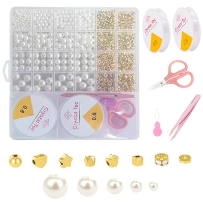 Imagen de EUZUXU Perlas Blancas, para Enhebrar Adultos DIY Beads, Hacer Joyas, Collares, Pulseras, Joyas y Manualidades