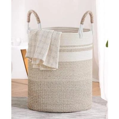 Imagen de SaiXuan Cesta Ropa Sucia Trenzado de Algodón,Cesta Cuerda Algodón Bicolor con Asas, 50L Gran Capacidad para Dormitorio, Baño, Juguetes y Almacenamiento, Elegante Duradera, 37x47cm
