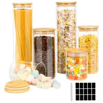 Imagen de Cinnani 6 Botes de Cristal Cocina con Tapa Bambu,Botes Almacenaje,Tarros Tapa,Botes Almacenaje para Almacenar Espaguetis, Pasta, Harina