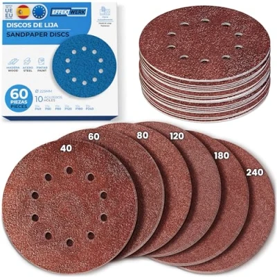 Imagen de Effektwerk Discos de lijado (paquete 60, 10 agujeros), papel lija 225 mm para fino y grueso, varios tamaños grano 40/60/80/120/180/240 (10 unidades cada uno)