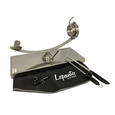 Imagen de jamonero giratorio basculante, soporte profesional con sistema 360º mas set de corte arcos cuchillo jamonero, chaira, pinza y cubre jamón. (Base Inoxidable)