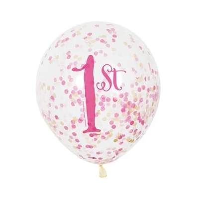 Imagen de Unique Globos Confeti Fiesta de Primer Cumpleaños para Niña Paquete 6, Color rosa y dorado, 30 cm (58165)