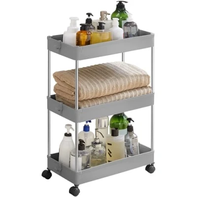 Imagen de SONGMICS Carrito de Almacenamiento con Ruedas, 3 Niveles, Ahorro Espacio, para baño, Cocina, Oficina, 40 x 22 60 cm, Gris KSC009G01