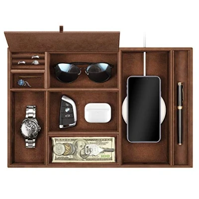 Imagen de SITHON Organizador de escritorio Valet Tray 8 compartimentos Catchall EDC Bandeja cuero PU tocador para Mesita noche Caddy Monedero almacenamiento