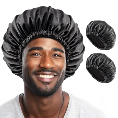 Imagen de Lolalet 2 Unidades Gorro de Satén para Dormir, Elástico Noche Sombrero Suave Seda Rizos Trenzas Hombres Negro