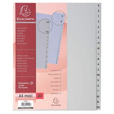 Imagen de Exacompta 1920E Separadores de polipropileno reciclado gris con 20 pestañas impresas alfabéticamente la a Z Formato para archivar A4maxi Dimensiones 24,5x29,7cm Certificado Blue Angel
