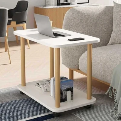 Imagen de HshDUti mesa auxiliar con ruedas, mesita de noche estrecha 2 niveles, madera, pequeñas pestañas noche, mesas café, té, sofá para sala estar, dormitorio,