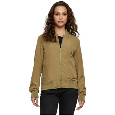 Imagen de URBAN CLASSICS Chaqueta Bomber ligera mujer con bolsillos delanteros, cintura, puños y cuellos elásticos, apertura delantera cremallera, de manga larga, color Caqui, talla L
