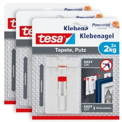 Imagen de tesa 77777 Verstellbarer Klebenagel für Tapeten und Putz2kgim3erPack Höhenverstellbarer,selbstklebenderWandnagel Biszu2 kgHalteleistungproNagel 3x2Klebenägel