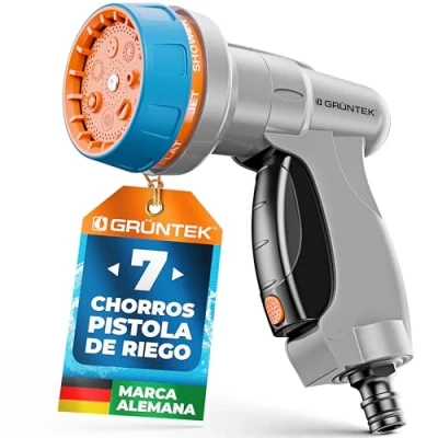 Imagen de GRÜNTEK Pistola en Plastico para Riego y Manguera de Jardín Pulverizadora con 7 Spray lígera Resistente Se controla una mano Water Stop integrado