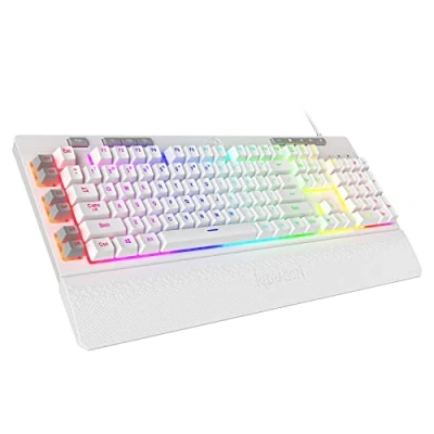 Imagen de Redragon K512 Shiva Teclado para videojuegos de membrana blanca, iluminación RGB, teclas G programables, controles multimedia, reposamuñecas integrado, disposición QWERTY