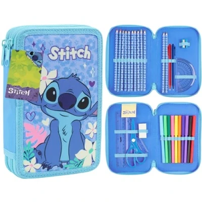 Imagen de Disney Stitch Estuche Escolar con Material Incluido, Frozen Estuches Escolares Adolescentes Niñas, Set Papeleria, Regalos para Niñas(Azul 2 Compartimentos)