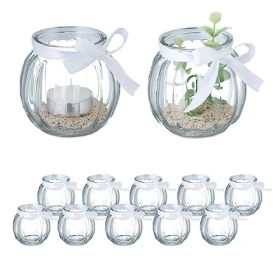 Imagen de Relaxdays Portavelas, Set de 12, Cristal, Porta Velas Té con Lazo, Interior y Exterior, Decoración Mesa, Transparente, Poliéster, 7,5 x cm