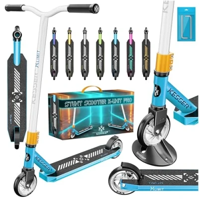 Imagen de KESSER® Patinete acrobático X Limit Pro, Funscooter con dirección de 360Ḟ, Soporte, rodamientos Bolas ABEC 9, Ruedas PU 110 mm, Scooter, Azul/Blanco