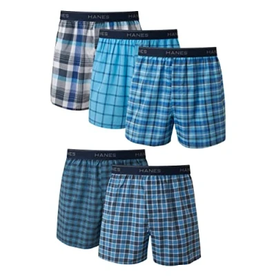 Imagen de Hanes, FreshIQ Calzoncillos Tipo bóxer para Hombre, sin Etiqueta, con diseño de tartán y elástico Visible (Paquete 5) Surtido Grande