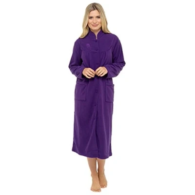 Imagen de Albornoz de forro polar para mujer, tallas 38 a 54 cm, bolsillos delanteros con botones, Morado (, Small