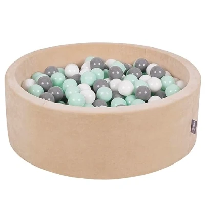 Imagen de KiddyMoon Terciopelo Piscina De Bolas 90X30cm/200 para Ninos Hecha En La UE, Beige Arena: Blanco/Gris/Menta