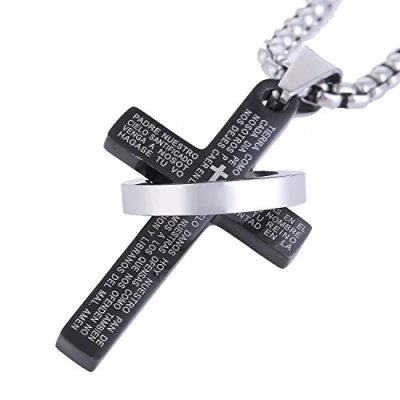 Imagen de DonDon Hombres Collar de Acero Inoxidable 52 cm con Colgante Cruz Negro en una Bolsa