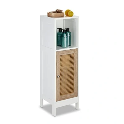 Imagen de Relaxdays Mueble de Baño Pie 3 Compartimentos, 96,5 x 30 cm, Armario Angosto Puerta Ratán, Blanco y Natural, Tablero Fibras